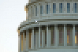 Visual illustration showing a pixelated government building, with a pixel selected, and being edited.