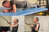 Image shows white male doing planks, squats, and TRX pull ups