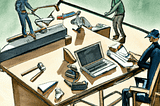 Three cartoon figures surrounding a table of tools trying to build a better workflow.