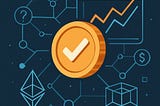 IMAGE: An illustration depicting a golden coin with a checkmark in the center, surrounded by blockchain-themed symbols like the Ethereum logo, a 3D cube, a dollar sign, and network nodes, all set against a dark blue background with abstract graph lines