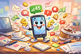 Cartoonish digital illustration of a cheerful smartphone character at the centre of a messy writer’s desk, juggling currency symbols, coffee cups, and notification bubbles. Papers, pens, and a laptop surround the phone, with pastel‑bright colours and a lively, comedic sense of motion.