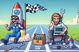 Cartoon about the ‘speed vs. practicality’ debate in programming, showing a frustrated programmer with a rocket and a calm programmer with a toolbox on a racetrack.