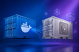 Realistic 3D render of a Docker-blue shipping container and an Apple silicon-themed container floating side by side against a blue-to-violet gradient background, symbolizing the Docker vs Apple Container comparison.