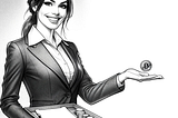 This image features a female tax collector with a smiling expression, her hand outstretched to collect coins from cryptocurrency users.