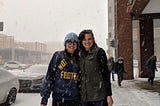 My friend Mary and I taking a break from school in the snow