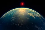 An illustration of a hycean world — an exoplanet with a liquid water ocean beneath a hydrogen-rich atmosphere, orbiting a red dwarf star, based on observations by the James Webb Space Telescope, April 17, 2025. Illustration by A. Smith, N. Madhusudhan/University of Cambridge/ZUMA Press Wire via Reuters
