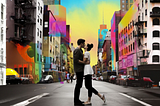 A couple kissing on the street. The colorful filter of the world is projected onto the landscape directly behind them while the buildings further out are drab and gray.