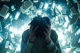 Jovem de cabeça baixa, segurando-a com as mãos em sinal de angústia. Ele está cercado por dezenas de smartphones flutuantes com telas brilhantes, em uma atmosfera azulada e caótica.