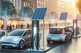 Electric vehicles connected to charging stations with photovoltaic panels in a futuristic urban scenario