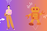 Is AI Finally Replacing Designers, man stating pondering a robot on an ombre background