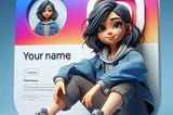 A digital artwork or edited photo. It features a stylized, cartoonish female character sitting on an oversized, 3D Instagram logo, likely for privacy or artistic reasons. He’s dressed in a denim jacket, grey pants, and sneakers. In the top left corner, there’s a smaller circular image of the same character’s head and shoulders. Below this smaller image, there’s text indicating a username “Your Name” and other text which seems to be part of a social media profile. background is gradient