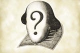 Head, hair, and collar of supposed author, with face replaced by a large question mark