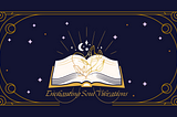 This image conveys the name and logo for Enchanting Soul Vibrations. An open book with white pages and gold cover, golden heart and plant etched inside with golden lines and white moon and star decor, on a navy blue background with a gold border and dots, lavender stars, and a golden image of tarot cards.