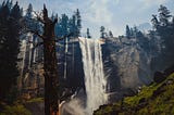 waterfall running down a cliff, there are fir trees around