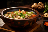 A beautifully served bowl of Chanko Nabe on a wooden table