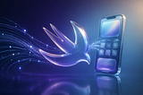 Realistic 3D Swift logo on a gradient indigo-cyan background with abstract AI flow lines and a translucent iPhone silhouette, representing the future of Swift and iOS development.
