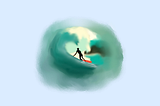 A drawing of a surfer in a wave