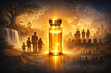 A generated image of a gold vial surrounded by shadowy figures and symbols representing nature and science