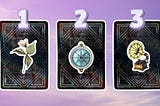 Three tarot pick a card piles: pile 1 — flower, pile 2 — compass, and pile 3 — gramophone