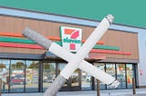 An image of a 7-Eleven store with two black and white cigarettes over it forming an ‘X’