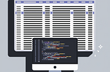 A digital illustration showing a large spreadsheet on a monitor with a smaller screen in front displaying lines of code, symbolizing data analysis.