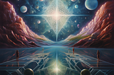An artistic representation of the convergence of human consciousness with cosmic elements, depicting figures standing on a reflective geometric surface, flanked by towering cliffs under a star-filled sky, with a radiant, web-like structure emanating from a central point of light.