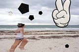 A collage of a girl running across a beach on a cloudy day, with a Mickey Mouse style hand peace sign sticker and geometric shapes scattered over the top.