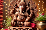 A beautifully crafted eco-friendly Ganesh idol made of red soil (Geru Mitti), seated in a peaceful posture with intricate traditional designs, adorned with fresh flowers, and surrounded by a festive background with warm lighting.
