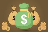 Three illustrated bags of money with dollar signs on them and illustrated coins.