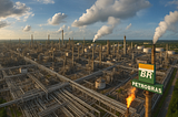 ChatGPT generated this panoramic aerial image of a Petrobras oil extraction facility, illustrating the scale of its operations, dense pipeline networks, and visible emissions under a broad sky