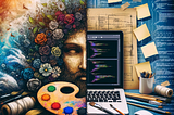 A two part picture. The left side is a face with coloured flowers in their hair and an artist’s palette in front of them. The right side is a laptop sourounded by post it notes, all on a background of lines of code.