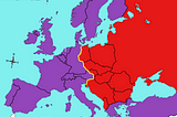 Screenshot Map of the Iron Curtain by BigSteve. This was how Europe was carved up after WWII between the Allies and the Soviet Union, setting the stage for all the European conflicts of today. An arbitrary border was drawn from the very northern point of east Germany all the way down to the southern point of the eastern border of Italy. Everything east of that border was controlled by the Soviet Union and is indicated in red. Everything west of that is indicated in purple.