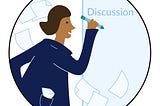 Illustration of a scientist with a pen at a whiteboard with the title “Discussion”.