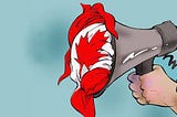 Hand holding a megaphone that is muffled by a Canadian flag