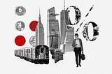 Photo Montage: NYC skyscrapers, Subway Car, Business Person, Elevator Buttons with 2 and 5 highlighted in red, and Percent Symbol.