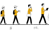 A graphic of one man at four different ages, illustrating the evolution of a design career