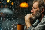 An elderly man with a contemplative look gazes out of a rain-speckled window, lost in thought.