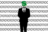 image of a suit with a dollar sign for a head with zeros and ones in the background to depict data working and making money