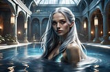 A gorgeous woman with long silver hair, a bright blue swimsuit, in a hotel swimming pool.