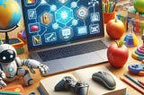A picture of a table or desk with various school supplies and a laptop with the screen displaying a learning platform.