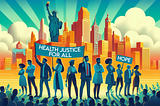 Illustration of a diverse group of people standing together in front of a bright cityscape with the Statue of Liberty behind them. Several people hold signs that read “HEALTH JUSTICE FOR ALL” and “HOPE.” A crowd is gathered in the foreground, and rays of light and large clouds fill the sky.