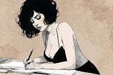 An illustration of an attractive woman with a short curly bob, writing erotica at a desk. AI-generated artwork.