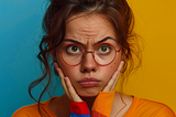 woman being angry, frowning, looking at the camera, with one hand covering her mouth, wearing eye glasses and accessories with contrasting vivid colors. A studio shot, contrasting colors, single vivid color flat background