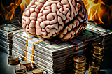 A brain resting on a pile of burning money.