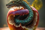 A dragon emerging from an apple. Image generated with Google Gemini.