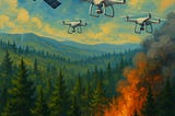 IMAGE: Aerial digital illustration of a Mediterranean forest fire, with three drones and a satellite monitoring the flames from above