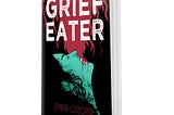 Cover art grief eater by emma osborne woman with head thrown back, dark curly hair and blood pouring out of open mouth, bloody background with flames