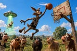 Clyde the Coyote trying to play basketball while cows watch in amazement.