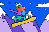 Illustration of the figma logo jumping over mountains on a snowboard