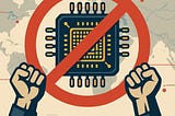 IMAGE: A microchip behind a red prohibition symbol, flanked by two raised fists, set against a subtle world map background, conveying defiance against semiconductor export restrictions